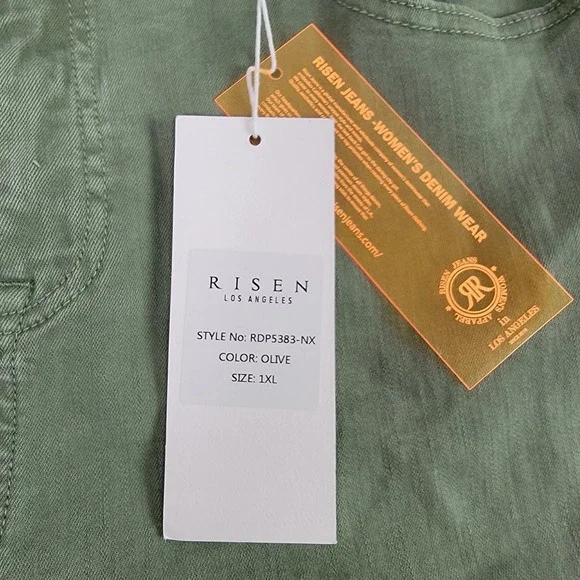 RISEN NEW Women's 1XL Olive High Rise Wide Leg Distressed Raw Hem Denim Jeans - Picture 9 of 12